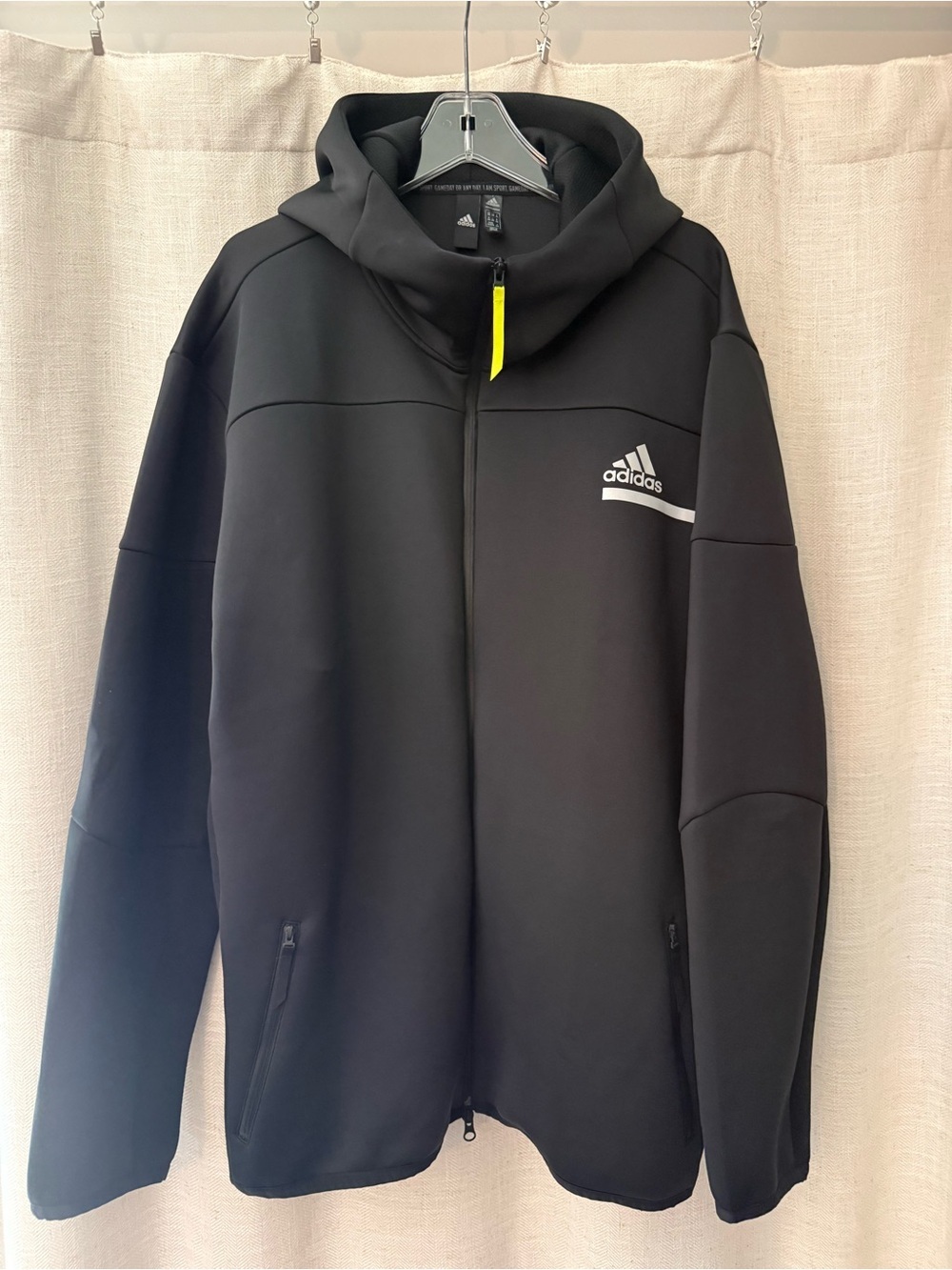 adidas mens Black Hooded Full-Zip Performance Jacket with Neon Zip Pull